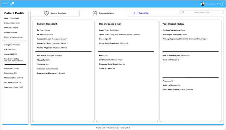 Patient Profile Transplant History Screen