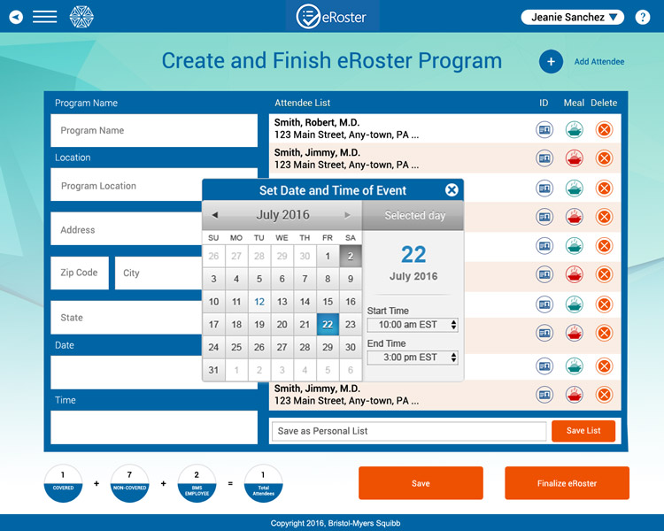 BMS Create and Finish eRoster Program Screen
