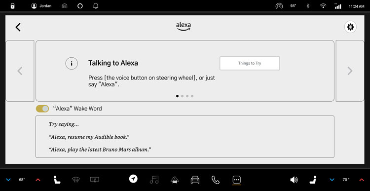 Alexa homescreen displayed on the Rivian infotainment system.