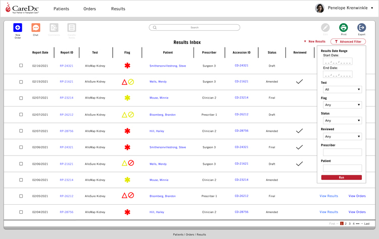 Results Inbox with Advanced Filter Screen